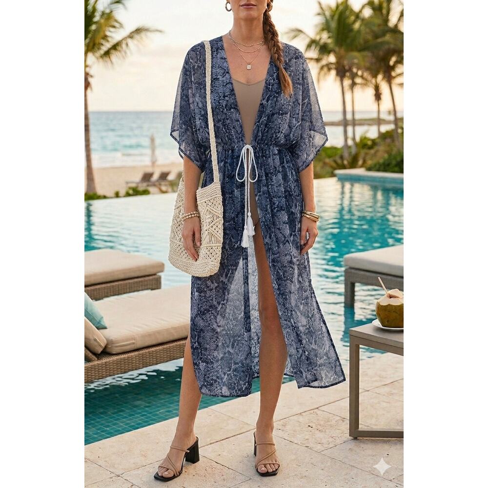 O/S CARLOS SANTANA Blue Snake-print Sheer Tie-Waist Kimono Duster Ruana Coverup